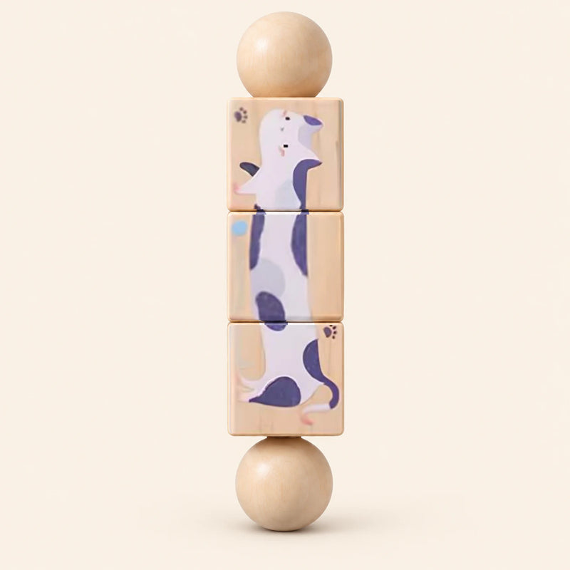 Puppy Pals & Friends wooden Spin and Match toy with three connected rotating blocks and two wooden ball ends, showing one printed face on smooth pale warm beige.