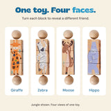 Four views of one Jungle Spin and Match toy showing giraffe, zebra, moose and hippo artwork. One toy, not four toys.