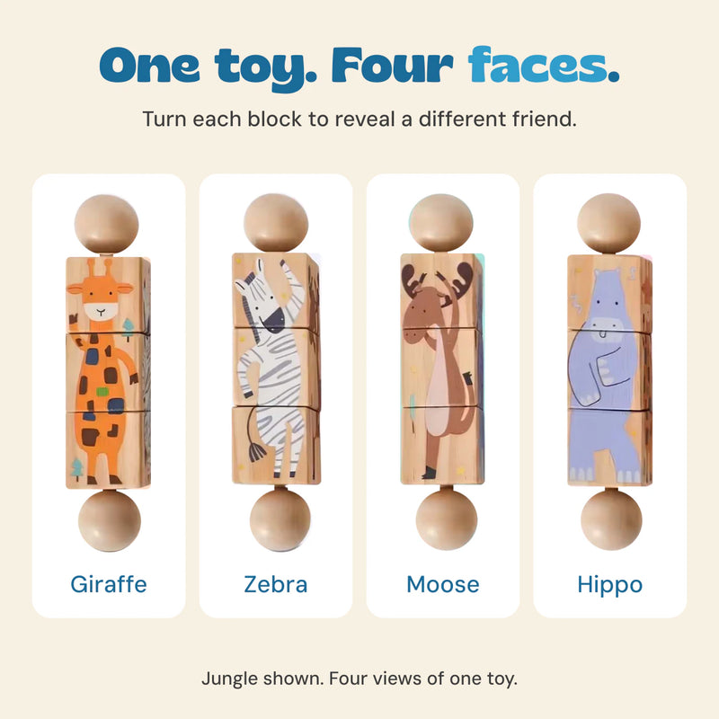 Four views of one Jungle Spin and Match toy showing giraffe, zebra, moose and hippo artwork. One toy, not four toys.