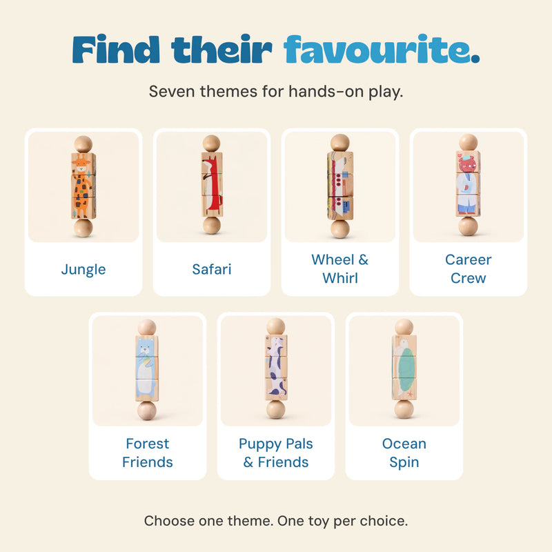 Seven Spin and Match theme choices: Jungle, Safari, Wheel and Whirl, Career Crew, Forest Friends, Puppy Pals and Friends, and Ocean Spin. One toy per choice.