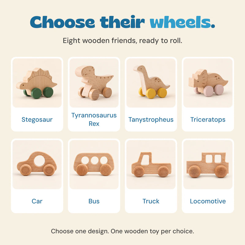 Eight separate Wooden Wonder Wheels choices: Stegosaur, Tyrannosaurus Rex, Tanystropheus, Triceratops, Car, Bus, Truck and Locomotive. One toy per choice.