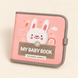 Pink My Baby Book with its actual Recognize Animals cover showing a white bunny and gray fabric edging. Live variant: Pink Cloud Plush.