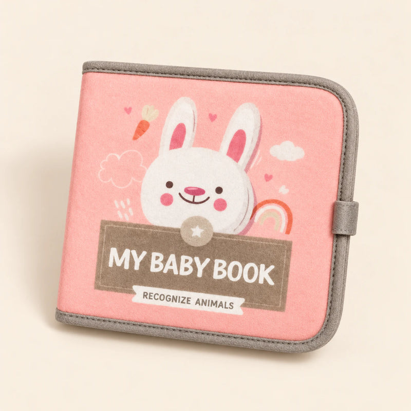 Pink My Baby Book with its actual Recognize Animals cover showing a white bunny and gray fabric edging. Live variant: Pink Cloud Plush.