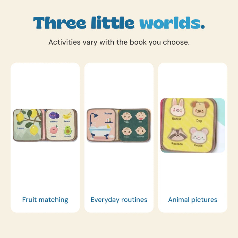 Original page details from the fruit, daily-routine and animal-themed books, shown as separate theme examples.