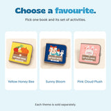 The three real closed book covers labelled with their current Shopify variant names. Each theme is sold separately.