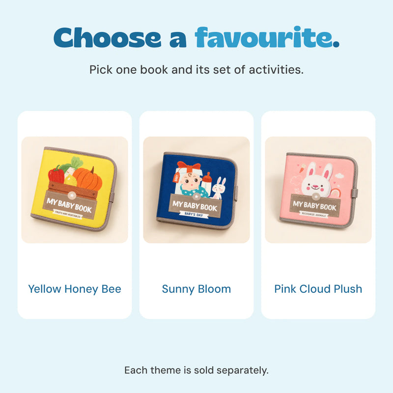 The three real closed book covers labelled with their current Shopify variant names. Each theme is sold separately.
