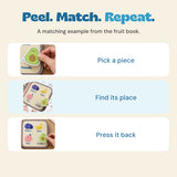 Three steps for using the fruit book matching pieces: pick a piece, find its place and press it back.