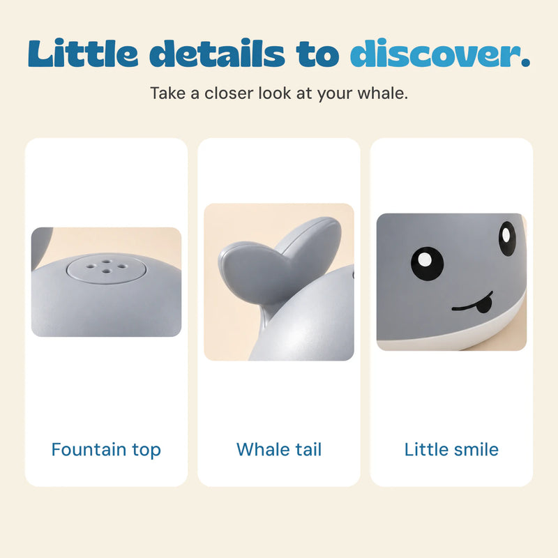 Close views of the whale fountain outlet, upright tail and smiling face.