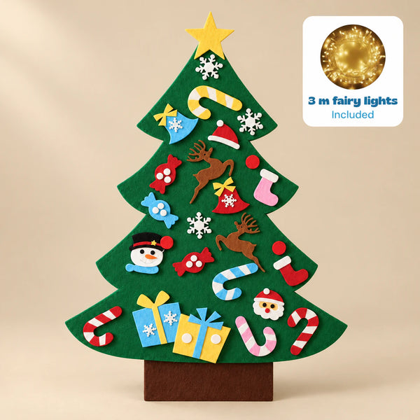 TibaToes felt Christmas Tree Play Set on a warm beige wall, with a badge showing the included 3 m fairy lights.