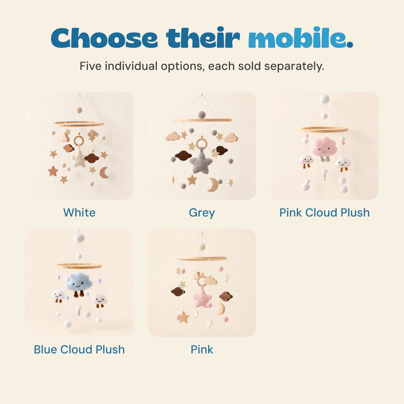 Five separate mobile choices: White, Grey, Pink Cloud Plush, Blue Cloud Plush and Pink.