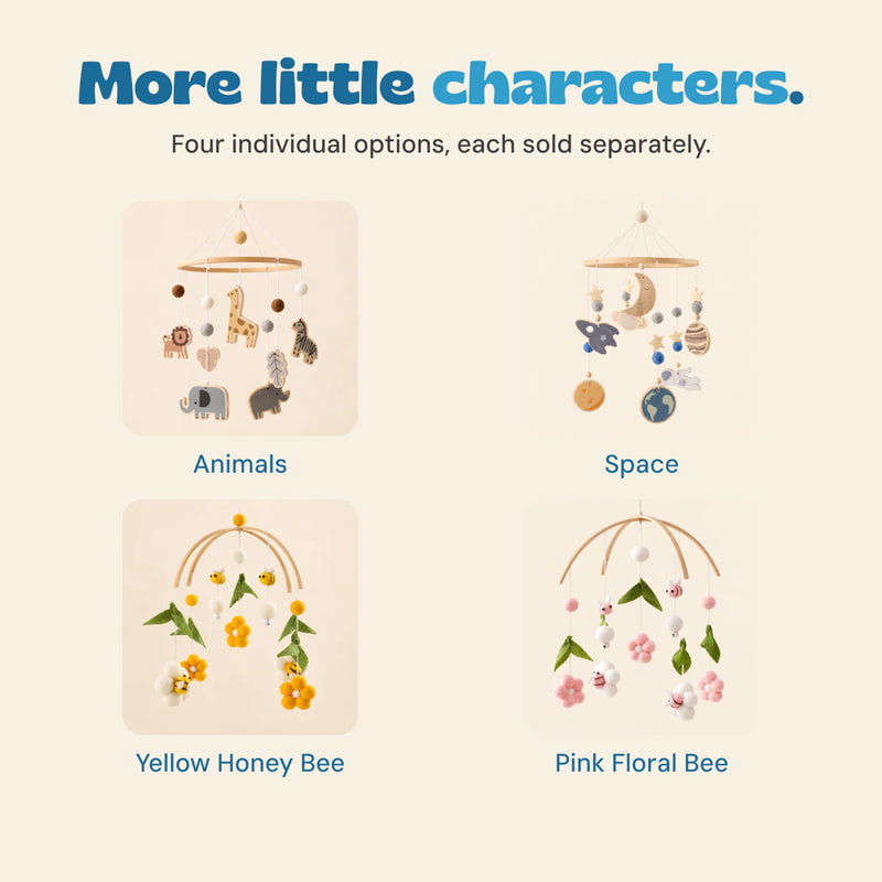 Four separate mobile choices: Animals, Space, Yellow Honey Bee and Pink Floral Bee.