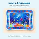 Close view of the dolphin, octopus and floating foam shapes in the blue ocean mat.