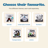 Five soft cloth book choices labelled Animals, Underwater Animals, Numbers, Transportation and Letters.