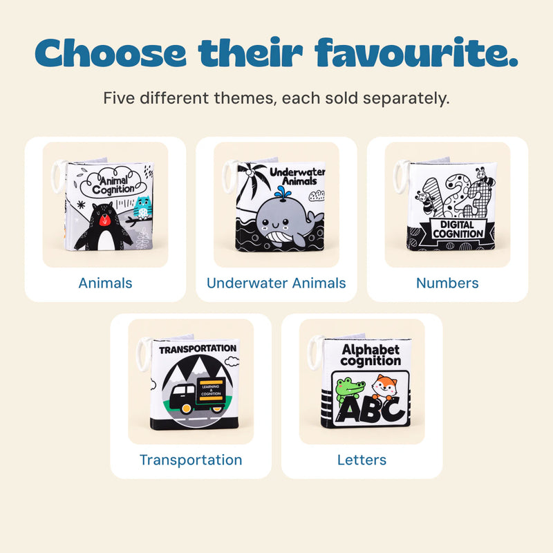 Five soft cloth book choices labelled Animals, Underwater Animals, Numbers, Transportation and Letters.