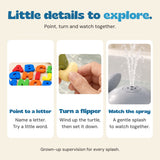 Close views of foam letters, the turtle flipper and the whale spray with simple play prompts.