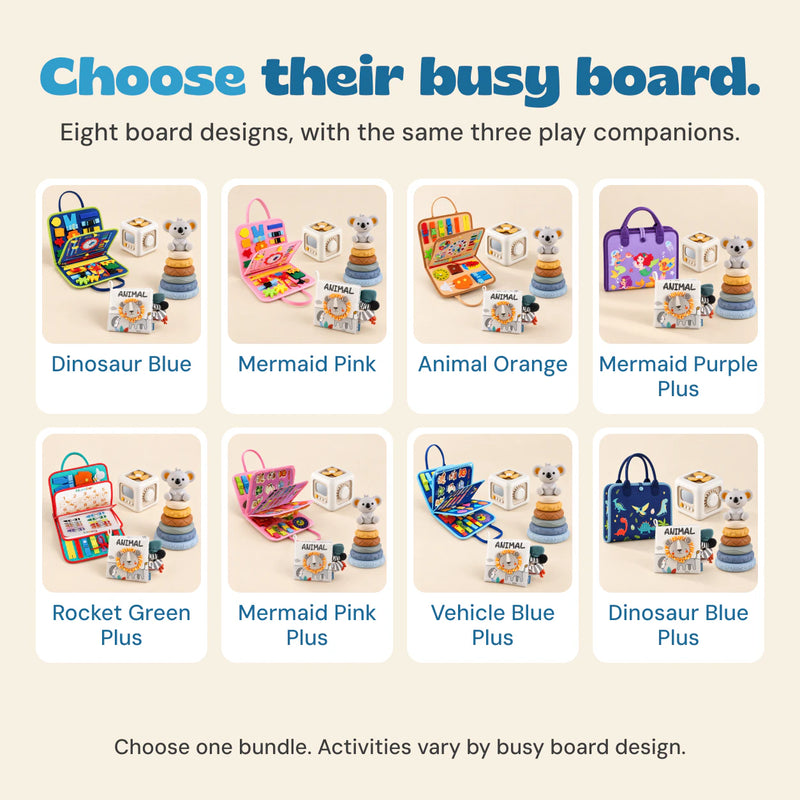 Eight Montessori Development Bundle choices with their exact live variant names. One busy board, cube, cloth book and koala tower per bundle.