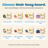 Eight busy board designs available as separate No-Screen Starter Kit choices. Each bundle includes one chosen board and the same companion toys.