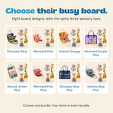 Eight Calm and Focus Bundle choices with their busy board design names. Each chosen bundle includes one board, one grey elephant blanket, one giraffe rattle and one koala stacking tower.