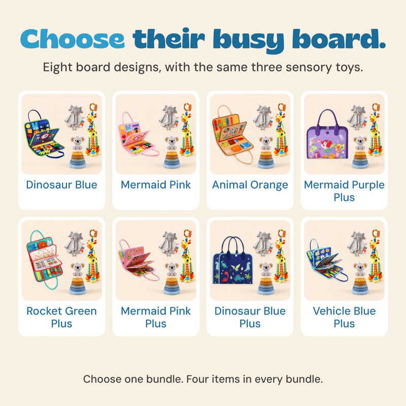 Eight Calm and Focus Bundle choices with their busy board design names. Each chosen bundle includes one board, one grey elephant blanket, one giraffe rattle and one koala stacking tower.