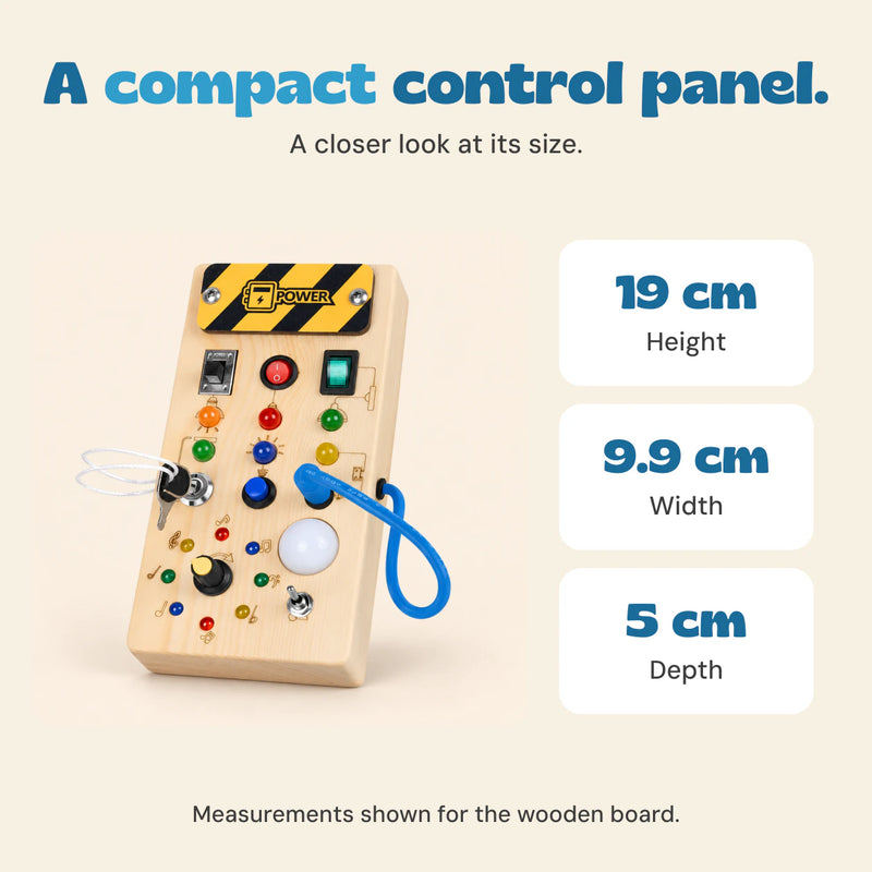 Wooden switch board beside its source-listed measurements: 19 cm high, 9.9 cm wide and 5 cm deep.