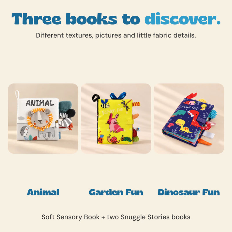 The Animal Soft Sensory Book, Garden Fun and Dinosaur Fun Snuggle Stories books shown separately with their original cover artwork.