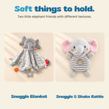 Grey elephant Snuggle Blanket with fabric tabs beside the striped elephant Snuggle and Shake ring rattle.