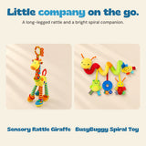 Yellow giraffe sensory rattle and yellow spiral BusyBuggy with its frog, ring and ladybird hangers, each shown separately.