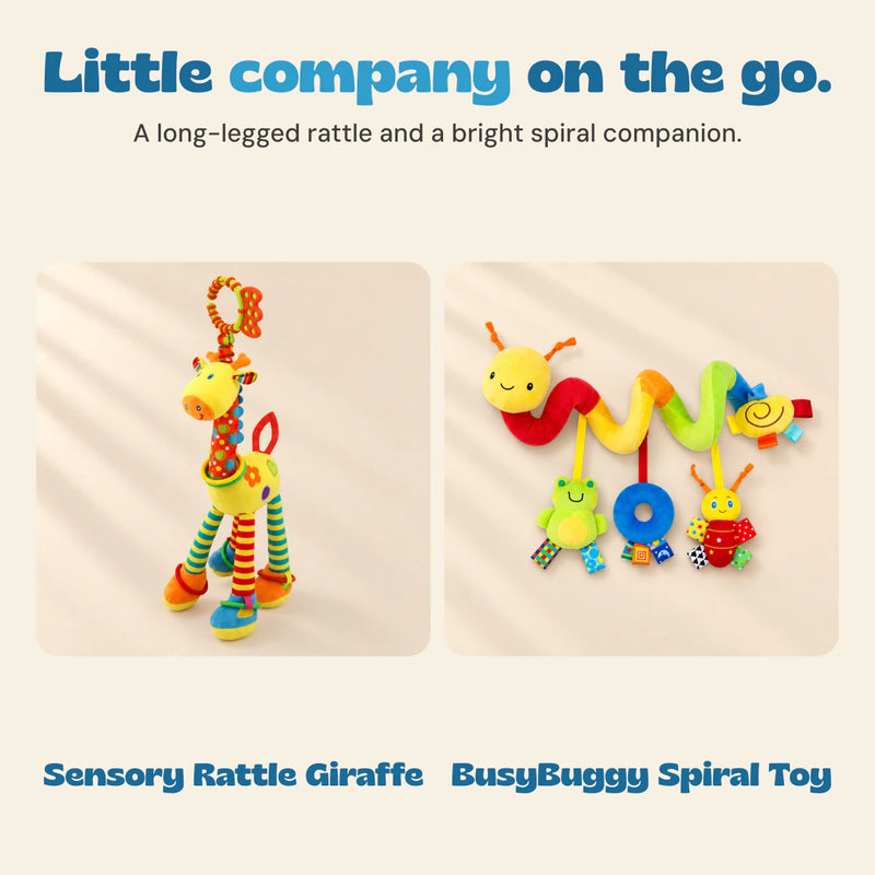 Yellow giraffe sensory rattle and yellow spiral BusyBuggy with its frog, ring and ladybird hangers, each shown separately.