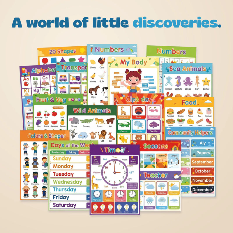 Montessori Learning Posters collection, closely cropped around the educational charts on a warm beige background.