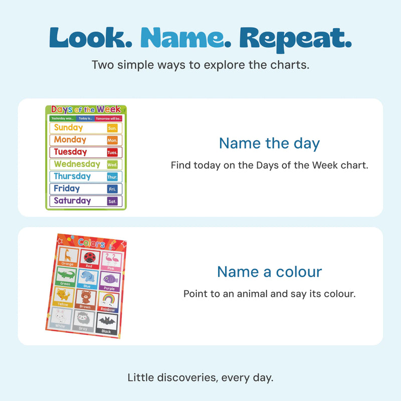 Two activities: name a day on the Days of the Week chart and name a colour on the Colors chart.