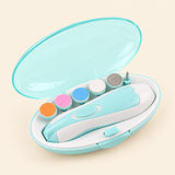 Open blue case with white nail trimmer and six attachments on warm beige.