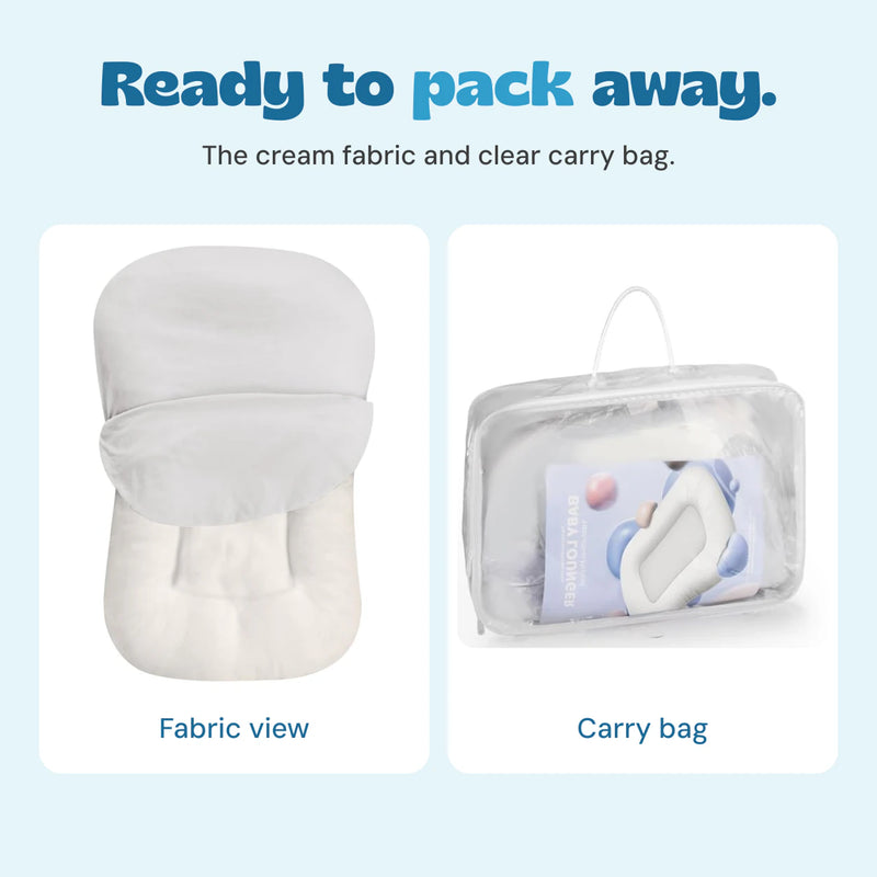 Original product photographs show the cream fabric detail and clear handled carry bag.
