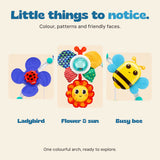 Three close-ups of the play arch showing the purple ladybird spinner, patterned flower with hanging sun and yellow bee.
