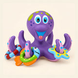 Octopus and three rings shown on a calm warm beige background.