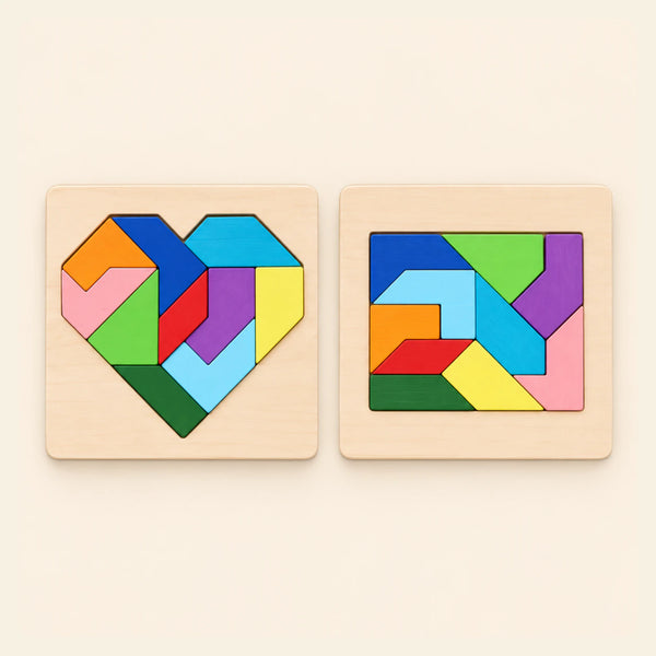 Heart and square puzzles shown on a calm warm beige background.
