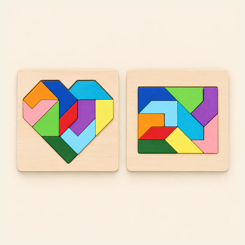 Heart and square puzzles shown on a calm warm beige background.