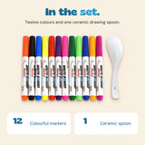 Included in the Rainbow Float and Draw Set: twelve colourful floating markers and one white ceramic spoon.