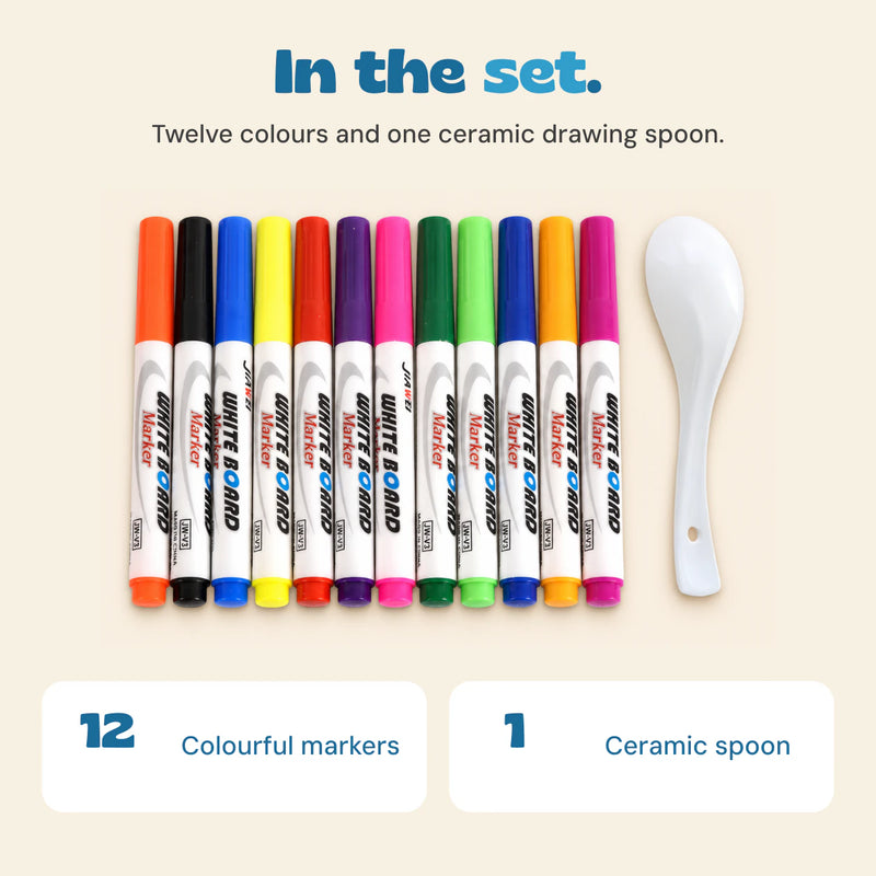 Included in the Rainbow Float and Draw Set: twelve colourful floating markers and one white ceramic spoon.