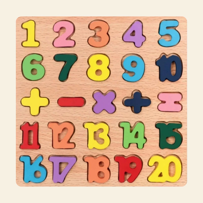 The Numbers wooden puzzle preserving the original number and symbol pieces on warm beige.