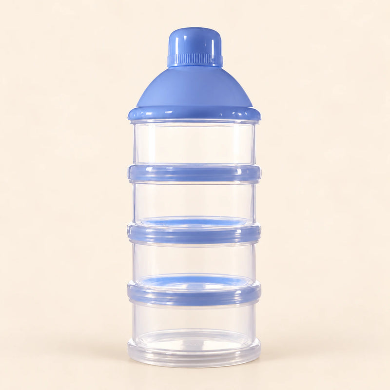 Blue powder dispenser tower with four clear stacked compartments and a capped funnel top, alone on warm beige.
