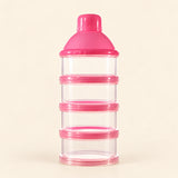 Pink powder dispenser tower with four clear stacked compartments and a capped funnel top, alone on warm beige.