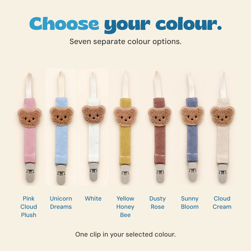 Seven Bear Buddy clip colours shown as separate choices: pink, light blue, white, mustard, dusty rose, slate blue and cream. One chosen clip is included.