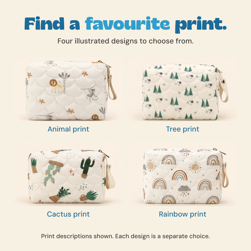 Four separate pouch print choices: animals, trees, cacti and rainbows.
