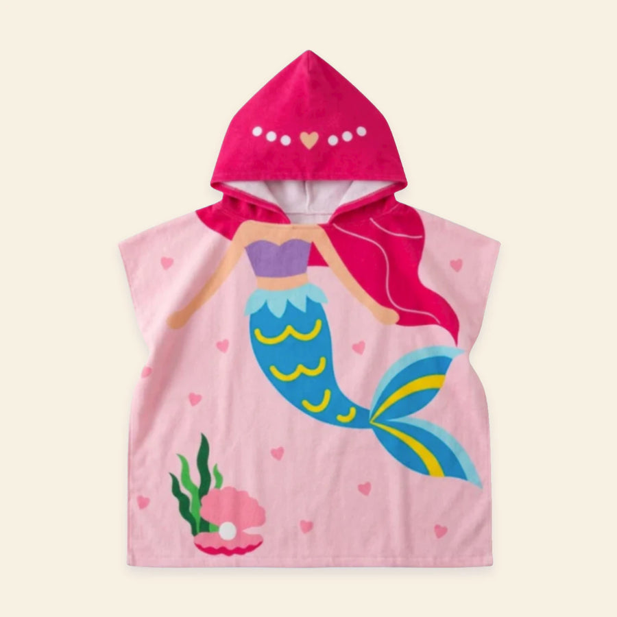 Pink Cloud Plush hooded beach poncho with its original pink mermaid print on a warm beige background.