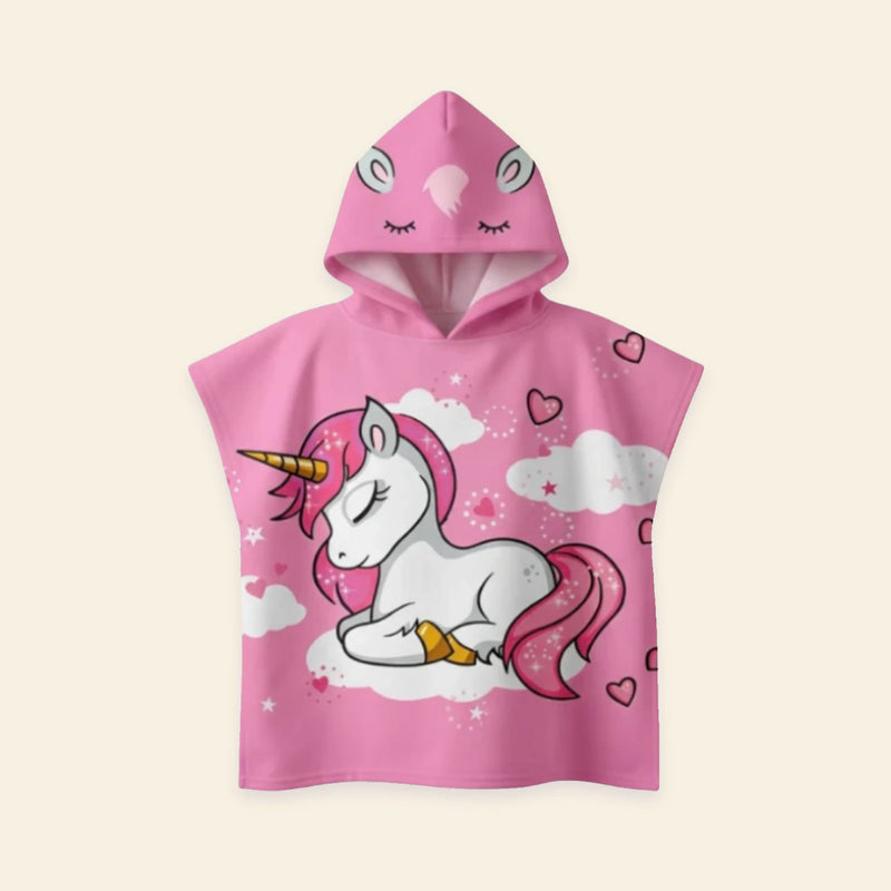 Flamingo Fun hooded beach poncho with its original pink unicorn print on a warm beige background.