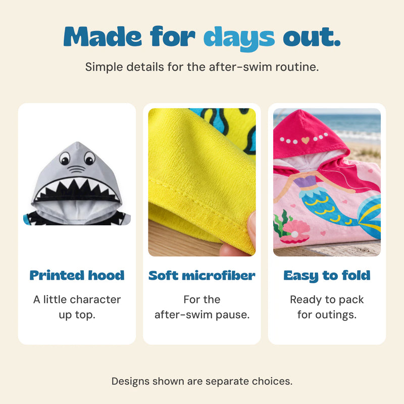 Close views of a printed shark hood, soft microfiber fabric and folded mermaid poncho. These are separate design choices.