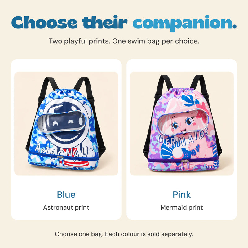 Two separate Kids Swim Bag options: Blue with astronaut print or Pink with mermaid print. One bag per choice.