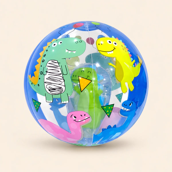 Blue transparent inflatable ball with the original colourful dinosaur print on a warm beige background.