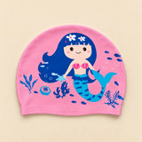 Pink Cloud Plush swim cap, pink fabric with a blue-haired mermaid print.
