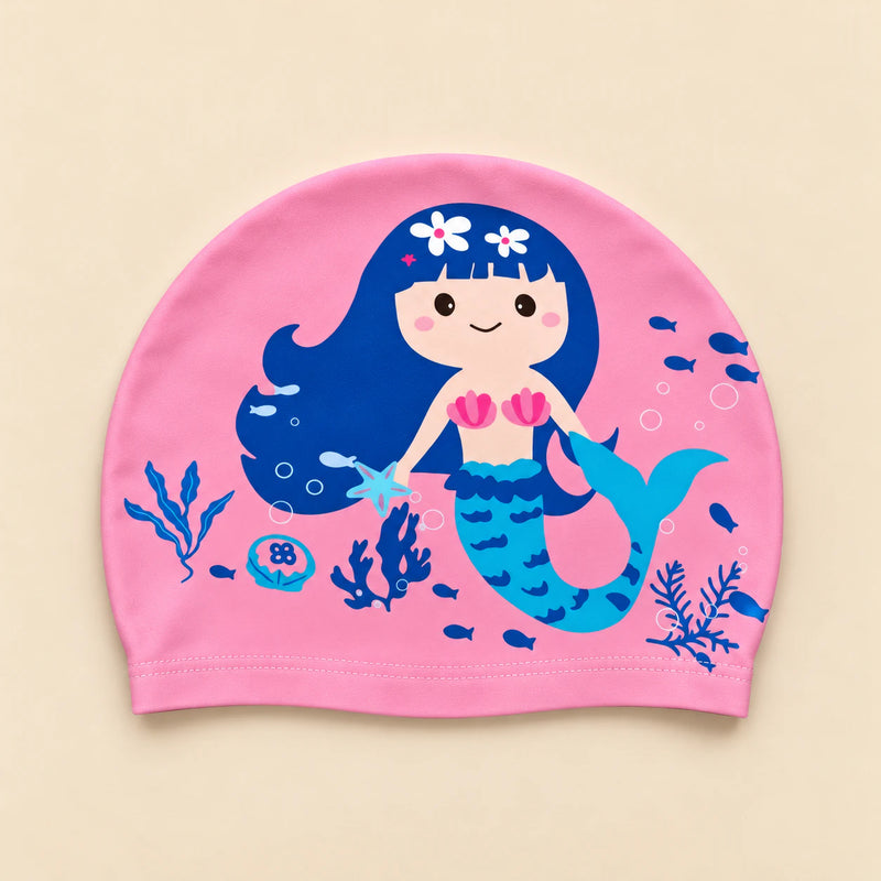 Pink Cloud Plush swim cap, pink fabric with a blue-haired mermaid print.